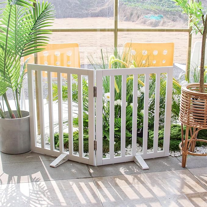 ZJSF Freestanding Indoor Dog Gate for House Foldable Wood White Puppy Gate for Doorways Pet Gate for Stairs Extra Wide Pet Fence 24" Height 2 Panels