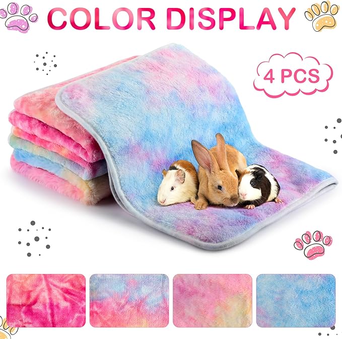 4 Pcs Waterproof Guinea Pig Blankets Washable Small Animal Fleece Bedding Absorbent Guinea Pig Cage Liners Reusable Pet Pee Pad Sleep Mat Pad Cover for Hamster Ferret (Tie Dye Pattern,24 x 16 Inch)