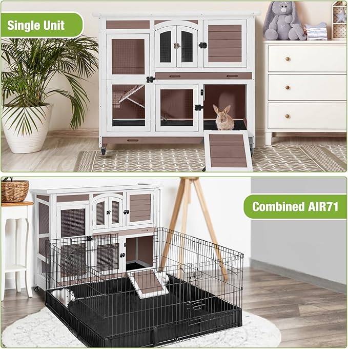 GUTINNEEN Large Rabbit Hutch Wooden Bunny Cage Indoor with Chew-Proof Ramp, 2-Story Guinea Pig Cages with Casters, Pull-Out Trays for Rabbits, Guinea Pigs, 47.2" L x 19.7" W x 42.1" H
