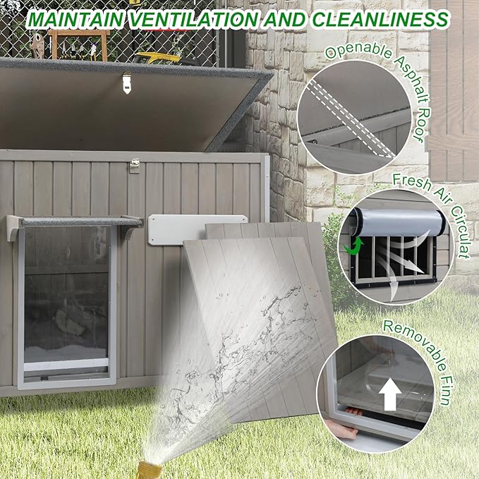 Dog House Outdoor Weatherproof & Wooden Dog Kennel with Chew-Proof Iron Frame,Removable Floor, Adjustable Vent Window, Easy Assembly for Large and Medium Dogs 43.3" D x 29.5" W x 33.5" H
