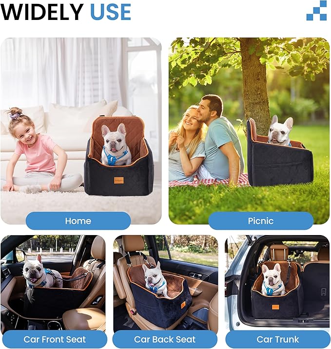 Dog Car Seat for Small Dogs - Puppy Car Seat with Safety Strap & Waterproof Padding, Portable Pet Carrier for Cars, Trucks & SUVs, Comfortable Elevated Bed for Pets Up to 35lbs (Black/Coffee)