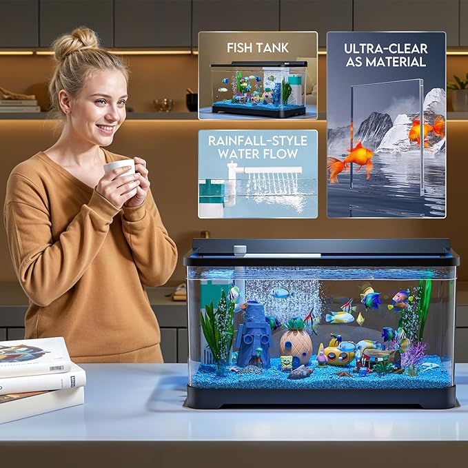 LED Aquarium Fish Tank Kit,(Light + Filter + Green Plants + Blue Sand + Pineapple Houses + Shells) Black, 14 Gallon
