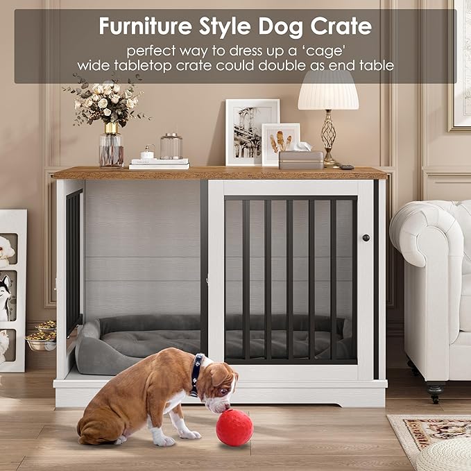 Dog Crate Furniture 47" Large Dog Kennel for Dogs Indoor, Heavy Duty Dog Cage with Sliding Door and 2 SUS Bowls Wooden End Table in Living Room for Small Medium Large Dogs, White