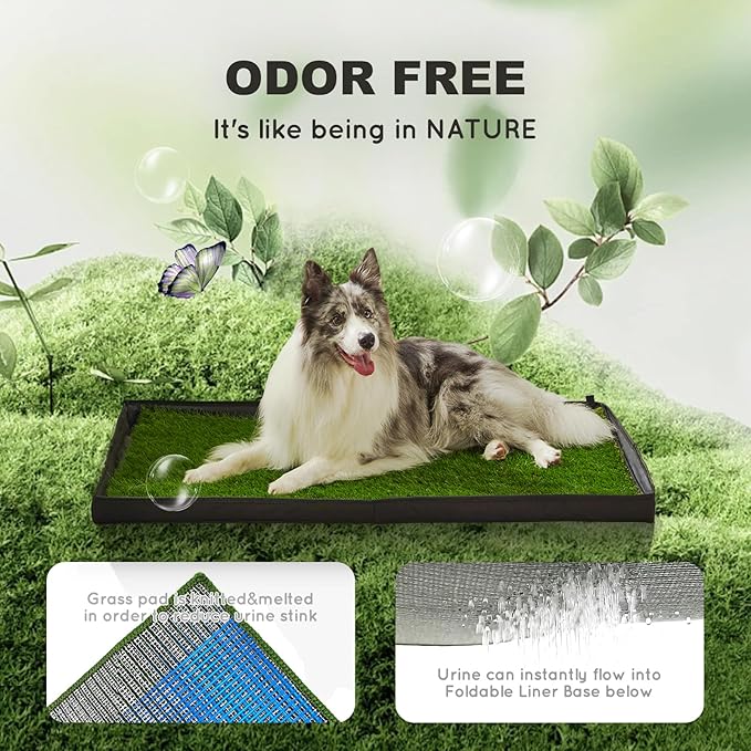 Dog Grass Pad with Foldable Dog Litter Box,Extra Large Liner Base for Balcony,Ultra-Absorbent Artificial Grass Pads for Dogs Pee Pad Holder, Potty Training, 2 PCS Reusable Pee Pad