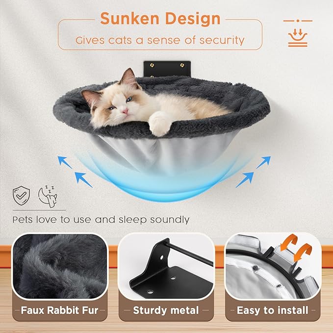 Cat Hammock Wall Mounted, Foldable & Stable Cat Beds- Breathable Cats Wall Shelves for Sleeping, Playing, Climbing, and Lounging - Maximum Hold Up to 30lb(Gray,Faux Rabbit Fur)