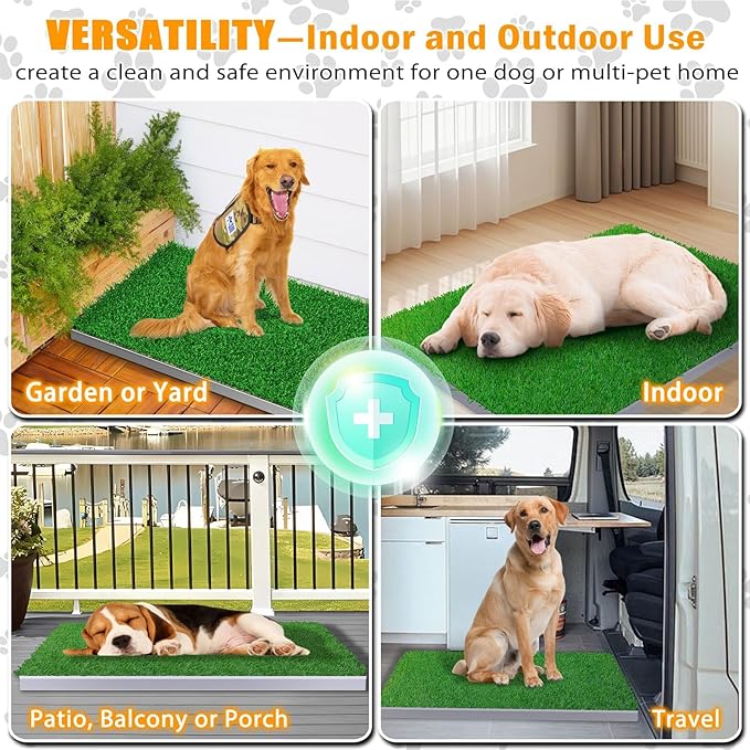 Dog Grass Pad with Tray, Reusable Large Artificial Turf Grass Potty and Puppy Pee Pads for Dogs, Portable Stainless Steel Dog Litter Box for Indoor/Outdoor Potty Training Toilet