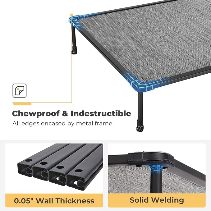 Veehoo Chewproof Elevated Dog Bed - Cooling Raised Pet Cot, Breathable Mesh, Washable & Non-Slip for Large Dogs, Indoor/Outdoor, Black Silver Mat and Black Frame, 59x37inches (Model CWC2203A03)
