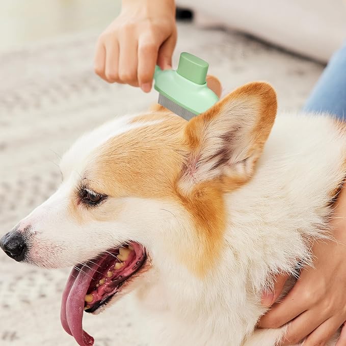 Pet Comb for Cats & Dogs, One-Touch Hair Release Button, Dense-Tooth & Mixed-Length Teeth 2-Piece Set, for Long & Short Hair, Gentle Pain-Free Design (Green)