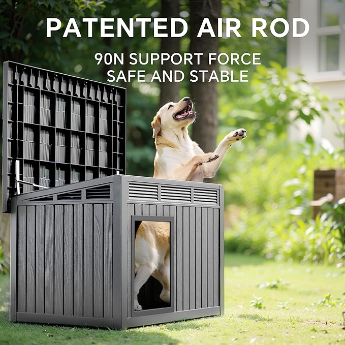 Dog House Indoor Outdoor,Resin Waterproof Puppy Shelter with Air Vents and Elevated Floor,Air Rod on Top to Open,Dog Kennel for Small to Medium Dogs(Grey,32.2 * 25.12 * 24.13)