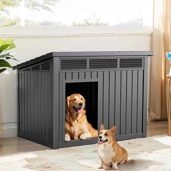 VIXZEN Dog House Indoor Outdoor,Waterproof Dog House for Small to Medium Dogs,Doghouse with Air Vents and Elevated Floor,Openable at The Top,Easy to Assemble and Clean,Black,32.2"×25.12"×24.13"