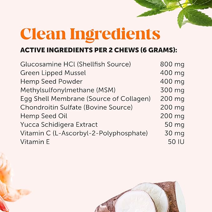 Senior Hemp Hip & Joint Supplement for Dogs - Dog Joint Supplement with Hemp Oil & Powder, Glucosamine, Collagen, MSM & Green Lipped Mussel - Mobility for Senior Dogs (Chicken 90)