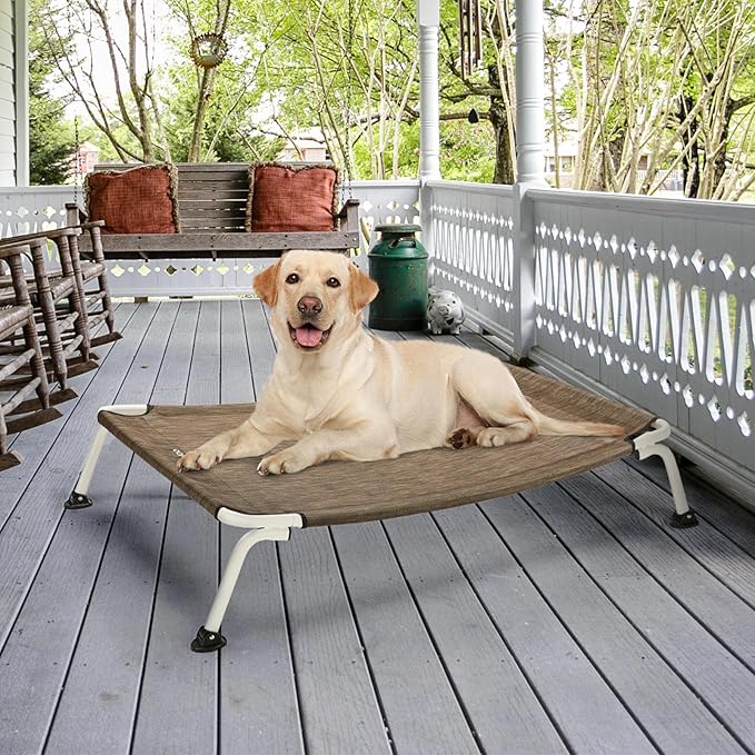 Veehoo Elevated Dog Bed for Outdoor, Cooling Waterproof Raised Dog Cots Beds for Large Dogs, Curved Off Ground Pet Hammock Cot Lifted for Outside, up to 85lbs, White Legs, Brown 42"