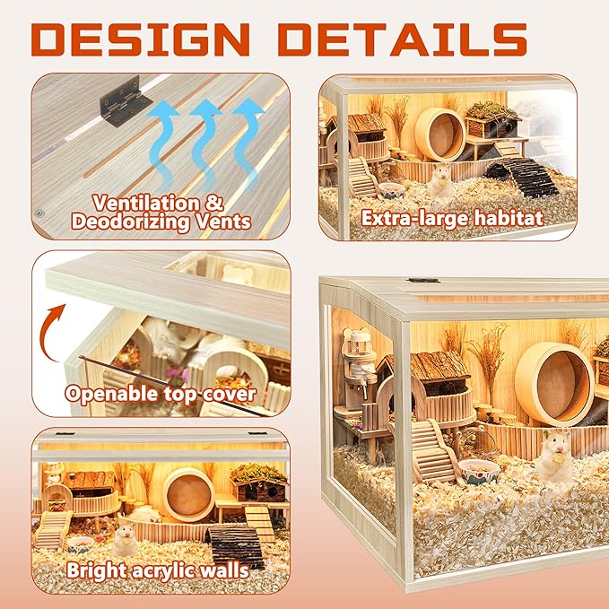 Prolee Hamster Cage Chewproof Wooden 40 Inch Guinea Pig Cages Mice and Rat Habitat Openable Top with Acrylic Sheets Solid Built