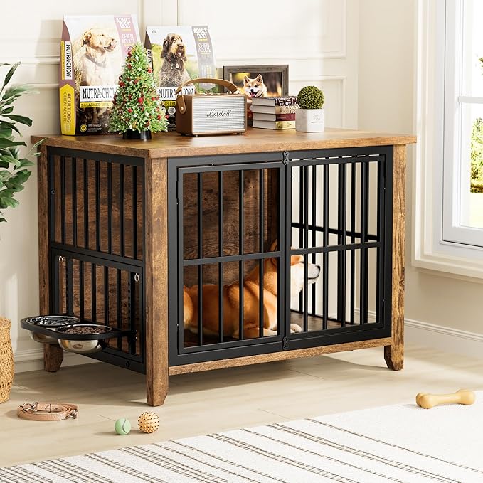 Lulive Dog Crate Furniture, Wooden Dog Kennel Indoor with Adjustable 360°& Height Dog Bowls, Double Doors Furniture Dog Crates End Table for Small/Medium 31.5" L*22.5" W*25.6" H, Brown