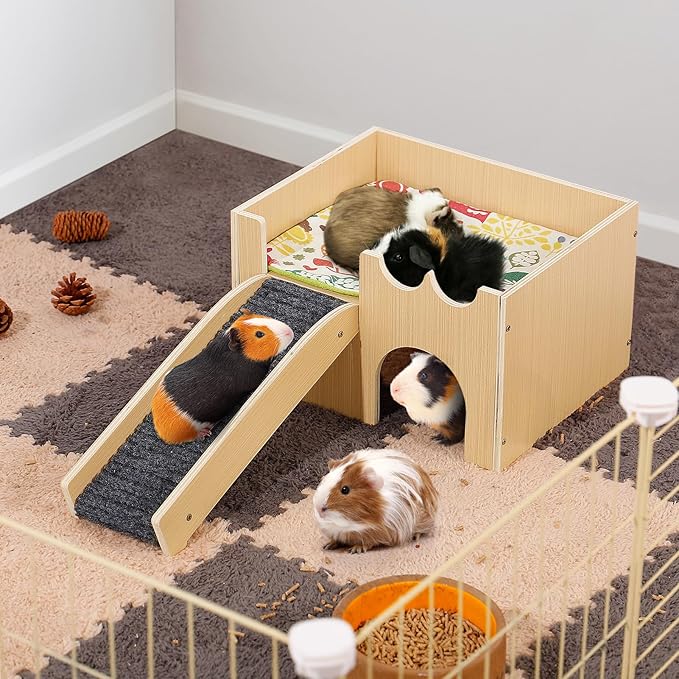 Upgraded Guinea Pig Castle, Sturdy Wooden Guinea Pig Hideout, Small Animal House Bed Hut Habitats with Stairs, Easy to Assemble for Hamsters Bunny Chinchillas Playing Hiding