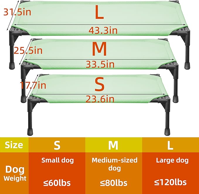 Soft Mesh Elevated Pet Bed for Large Medium Dogs Outdoor Resting Cot with Water-Resistant, Air-Permeable, Cooling and Anti-Skid Portable Dog Bed, Up to 120 lbs, 43.2" L x 31" W x 7.5" H, Green