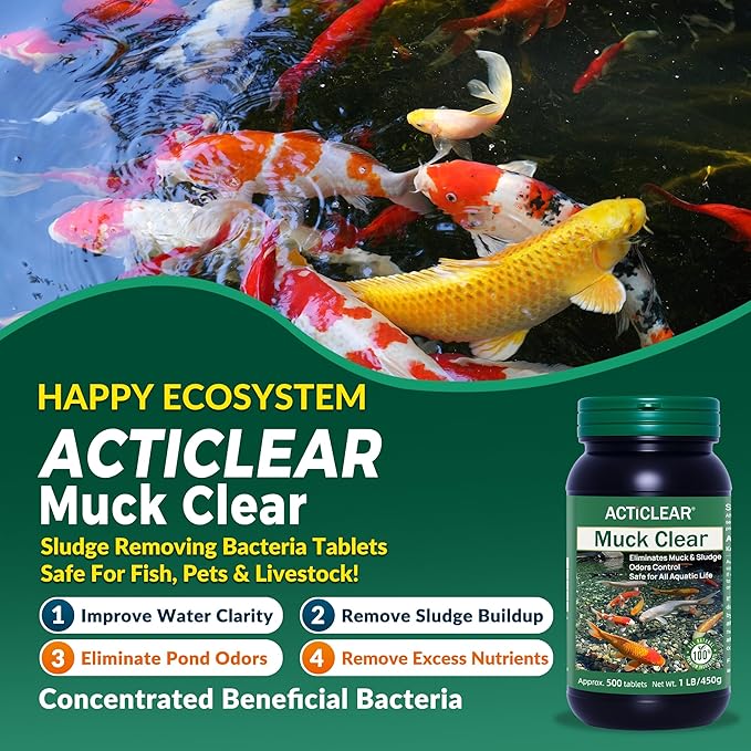 Muck Clear – Natural Pond Sludge Treatment, 250 Tablets for Ponds, Fountains & Bird Baths, Beneficial Bacteria & Enzymes, Chemical-Free & Safe for Fish, Pets & Wildlife