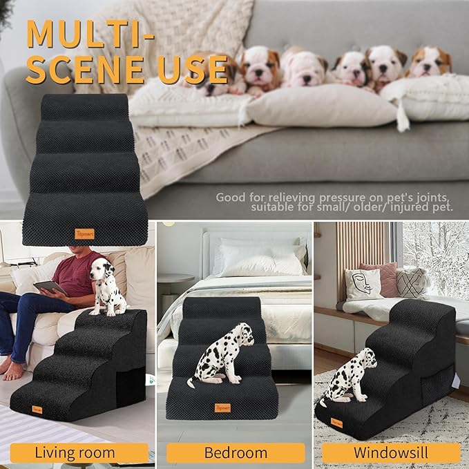 Topmart High Density Foam Dog Steps 4 Tiers,Extra Wide Deep Pet Steps,Non-Slip Dog Stairs Ramp for Bed,Soft Foam Cat Ladder,Best for Older Injured,Older Pets,Cats with Joint Pain
