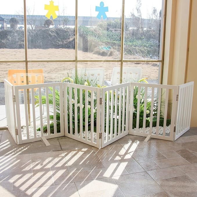 ZJSF Freestanding Indoor Dog Gate for House Foldable Wood White Puppy Gate for Doorways Pet Gate for Stairs Extra Wide Pet Fence 32" Height 6 Panels