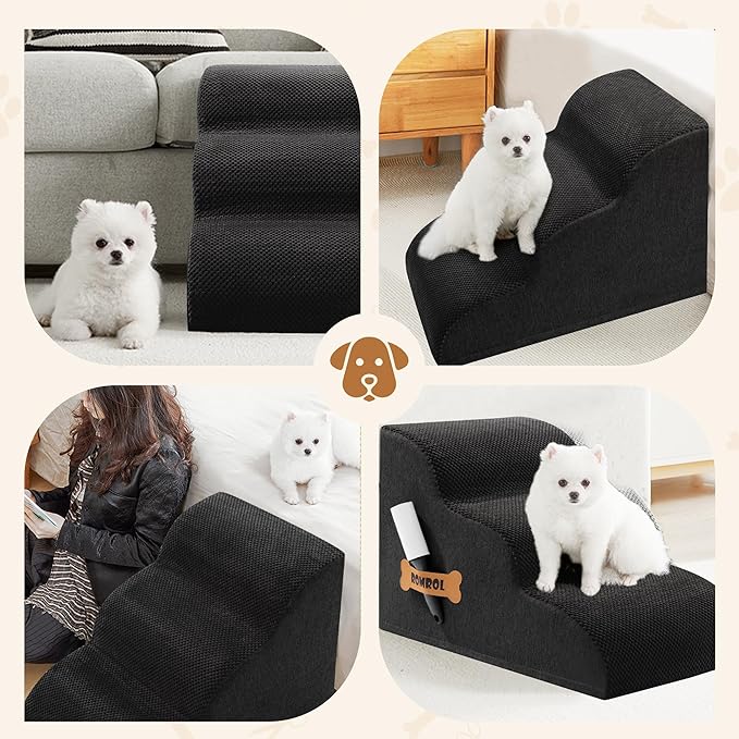 Romrol Dog Stairs Ramp for Beds Couches, Extra Wide Pet Steps with Durable Non-Slip Waterproof Fabric Cover, Dog Slope Stairs for Small Dogs and Cats or Pets Friendly, 3-Tiers, 13 Inch,Black