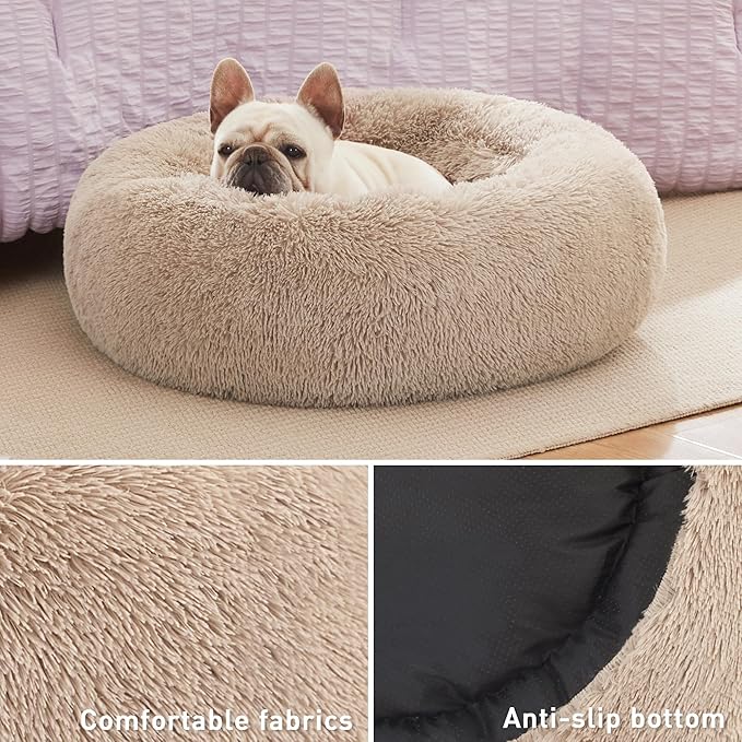 Love's cabin Calming Cat Bed for Indoor Cats,Anti-Anxiety Donut Round Dog Bed,Fluffy Faux Fur Washable Pet Bed for Small Medium Dogs and Cats,Taupe,24in