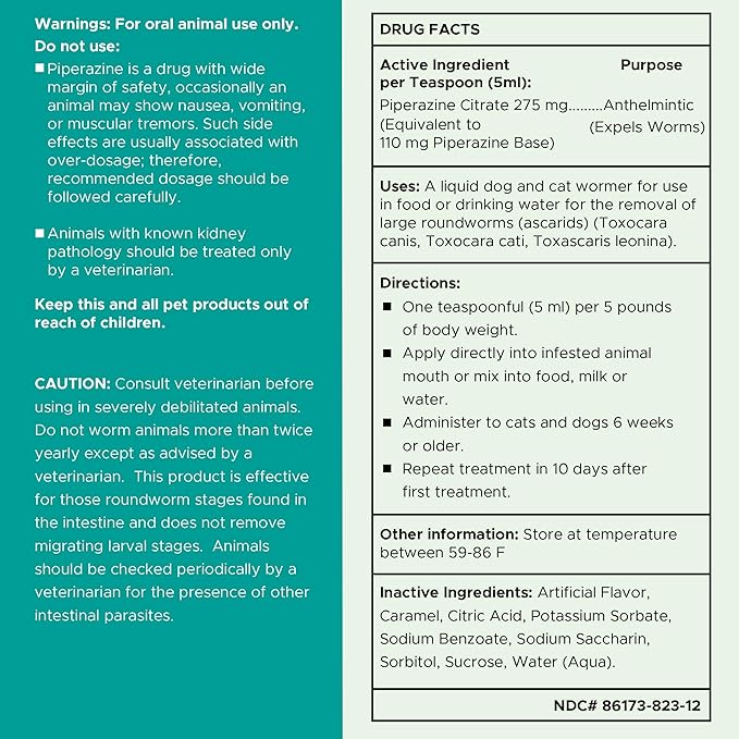 Dog and Cat Dewormer - 12 oz of Wormer Liquid to Paralyze and Expel Roundworms - Kitten and Puppy Dewormer