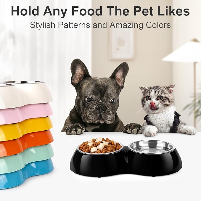 Stainless Steel Dog Bowls Set – Dual Non-Slip Pet Dishes with 2 Small (1 Cup*2) Bowls & Durable Resin Stand – Food & Water Feeder for Puppies, Cats, and Medium Dogs – Black