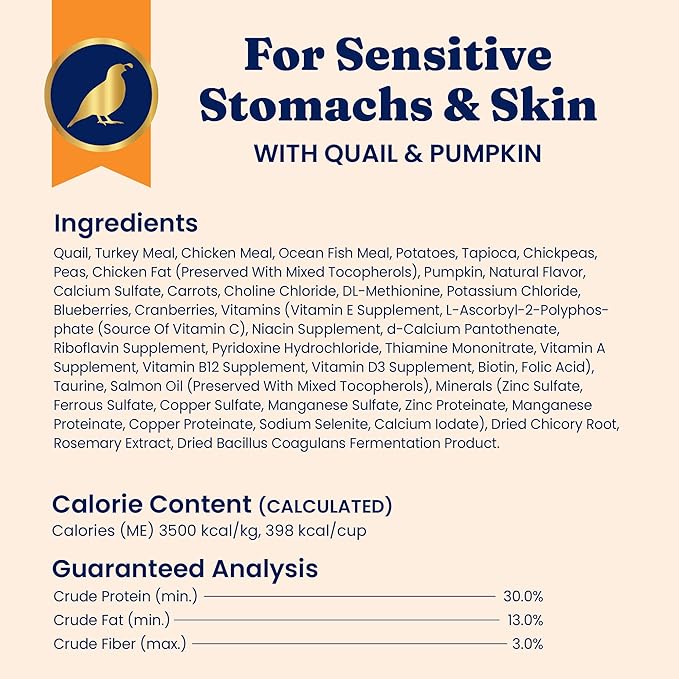 Solid Gold Sensitive Stomach Dry Cat Food - Grain Free & Gluten Free Sensitive Stomach Cat Food for Indoor Adult & Senior Cats - Dry Kibble for Cats w/Quail, Pumpkin & Probiotics for Gut Health - 6lb