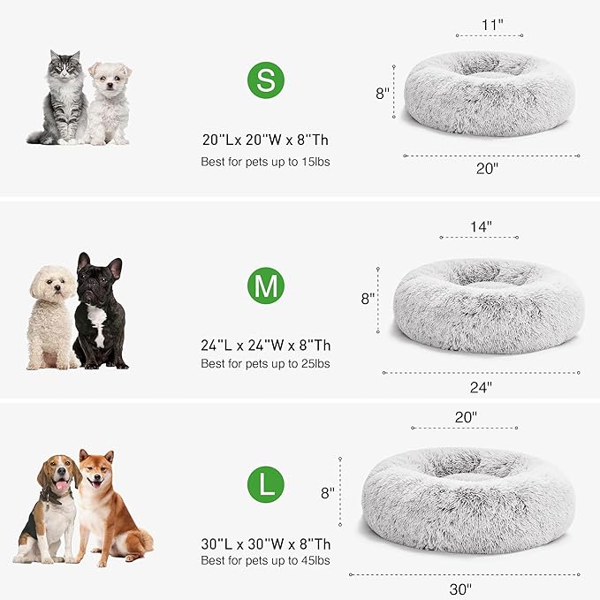 Love's cabin Calming Dog & Cat Bed, Cat Bed for Indoor Cats,Anti-Anxiety Donut Round Dog Bed,Fluffy Faux Fur Washable Bed for Small Medium Pet,Grey,30"