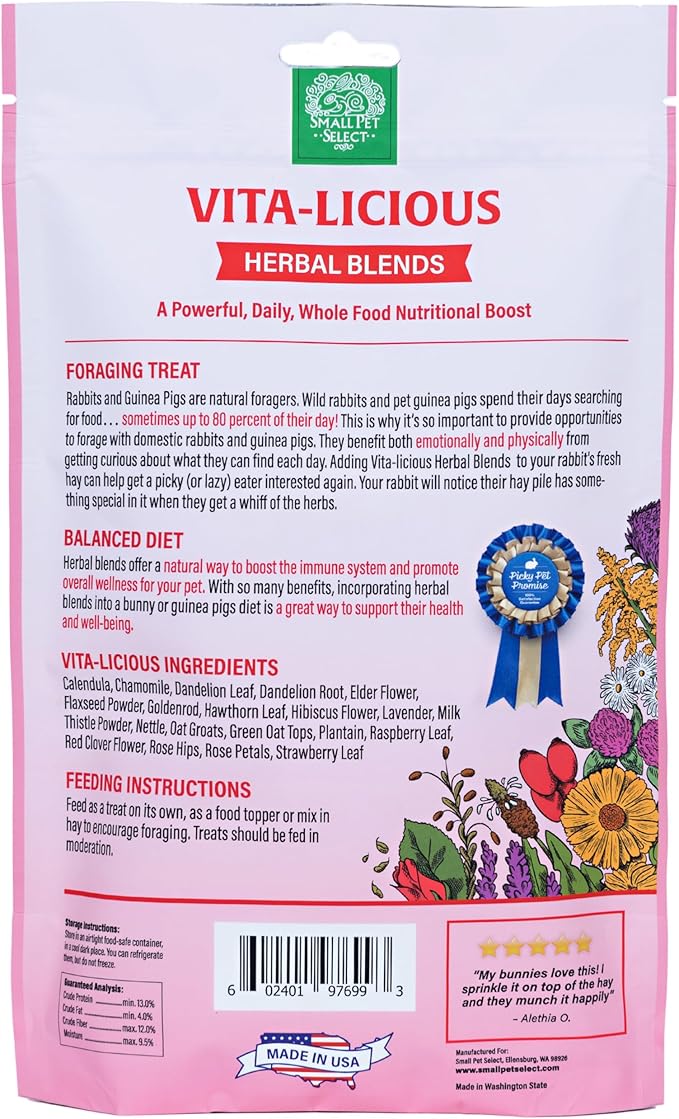 Small Pet Select - Vita-Licious Herbal Blend, a Natural Herbal Treat for Rabbits, Guinea Pigs, Hamsters, Gerbils, and Mice, 4.4oz