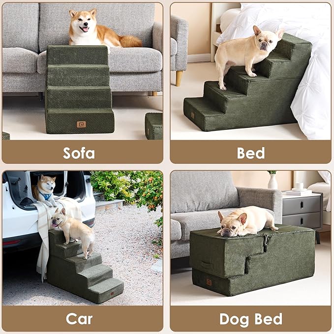 EHEYCIGA Dog Stairs for High Bed 22.5" H, 5-Step Dog Steps for Bed, Pet Steps for Small Dogs and Cats, Non-Slip Balanced Pet Ramp Indoor, Olive Green