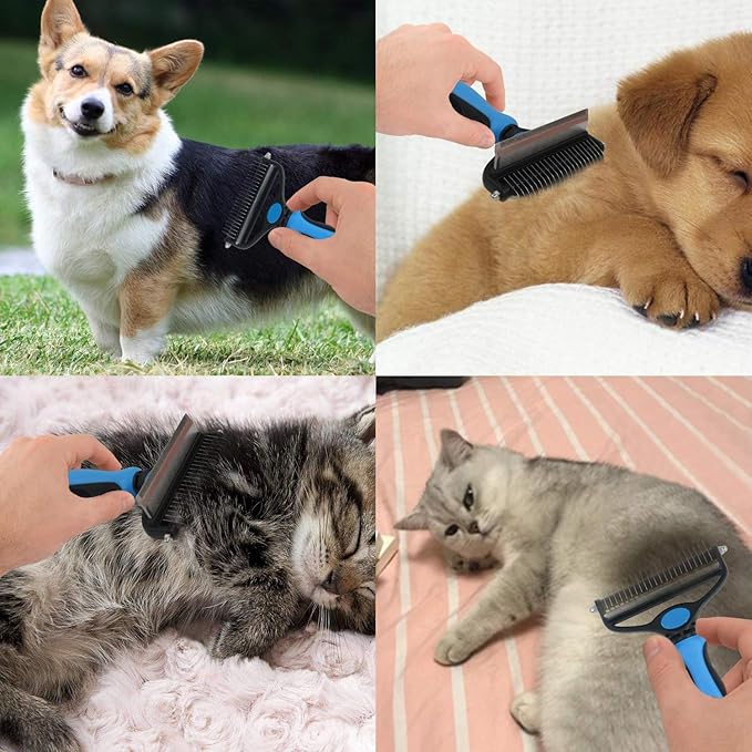 Pet Grooming Tool - 2 Sided Undercoat Rake for Cats & Dogs - Safe Dematting Comb for Easy Mats & Tangles Removing