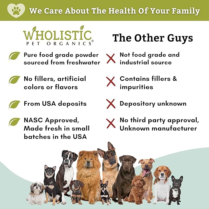 Wholistic Pet Organics DE for Dogs Organic Food Grade for Dogs Safe Non-Chemical Freshwater Silica Improves Overall Health (26 oz)
