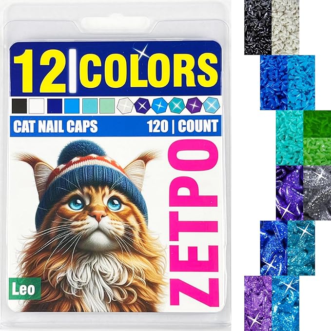 zetpo Cat Nail Caps | Cat Claw Covers | with Adhesives and Applicators (M, 12x Colors/Leo | 120 pcs)