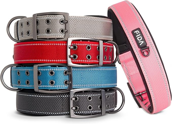 Fida Heavy Duty Dog Collar 1.5” Width, Ultra Soft Neoprene Padded, Adjustable Reflective Nylon Pet Collar with Two Metal Pin Belt Buckle for Extra-Large Breeds (XL, Blue)