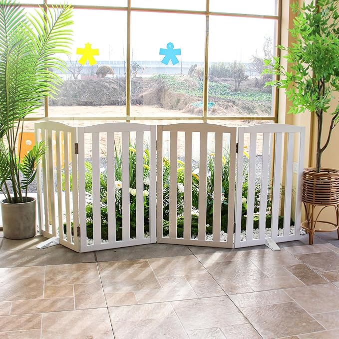ZJSF Foldable Freestanding Indoor Dog Gate for House Wood White Long Pet Gates Dog Fence for Stairs Puppy Gates for Hallways,Pet Fence, Puppy Gate,Support Feet Included 32 "Height-3 Panels
