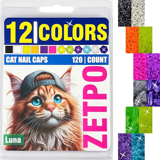 zetpo Cat Nail Caps | Cat Claw Covers | with Adhesives and Applicators (L, 12x Colors/Luna | 120 pcs)