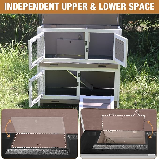 Rabbit Hutch Indoor Outdoor, Bunny Cage with Casters, Guinea Pig Cage Bunny Hutch with Two Plastic Trays 36inch-Brown