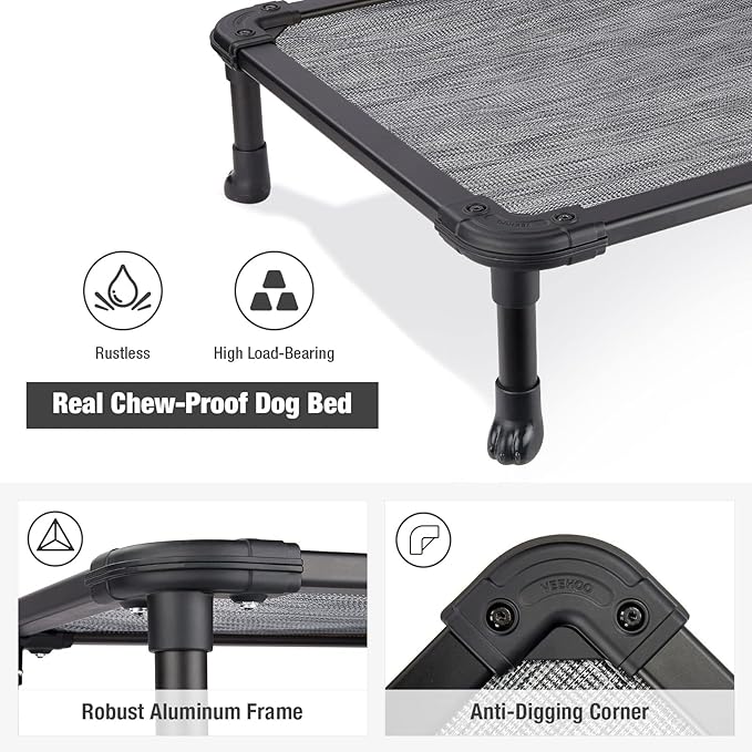 Veehoo Chew Proof Elevated Dog Bed - Cooling Raised Pet Cot - Rustless Aluminum Frame and Durable Textilene Mesh, Unique Designed No-Slip Feet for Indoor or Outdoor Use, Black Silver, Medium
