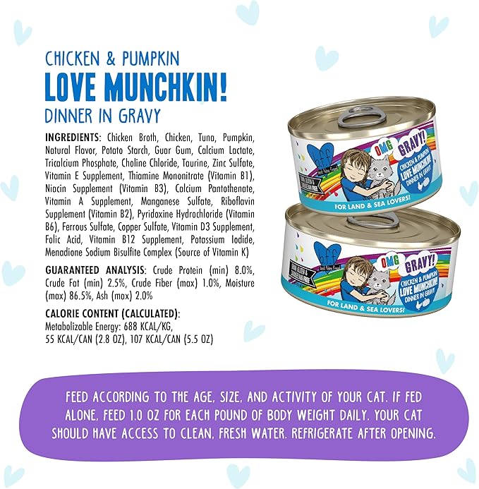 Weruva B.F.F. OMG - Best Feline Friend Oh My Gravy!, Love Munchkin! with Chicken & Pumpkin in Gravy Cat Food, 2.8oz Can (Pack of 12)