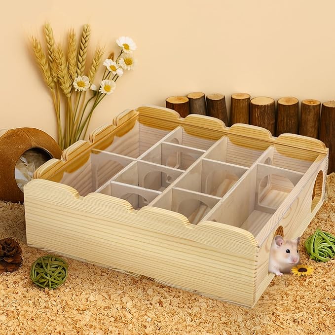 ZENFUN Wooden Hamster Maze with Clear Acrylic Cover, Multi-Chamber Hamsters Hide Tunnel Cage, Hideout Tunnel Toy Shed and Explore Toy for Dwarf Hamsters Mice Small Gerbil(Free-Installation)
