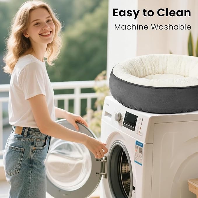 Love's cabin Round Donut Cat and Dog Cushion Bed, 25in Pet Bed for Small or Medium Dogs, Anti-Slip & Water-Resistant Bottom, Soft Durable Fabric Pet Beds, Washable Calming Cat & Dog Bed Dark Grey