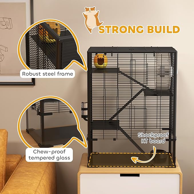 PawHut Large Hamster Cage with Deep Tempered Glass Bottom, 4 Tiers Hamster Tank with Running Wheel, Hut, Water Bottle, Dish, Rat Cage for Syrian, Dwarf, Gerbils, Mouse, 24" x 16" x 31.5", Black