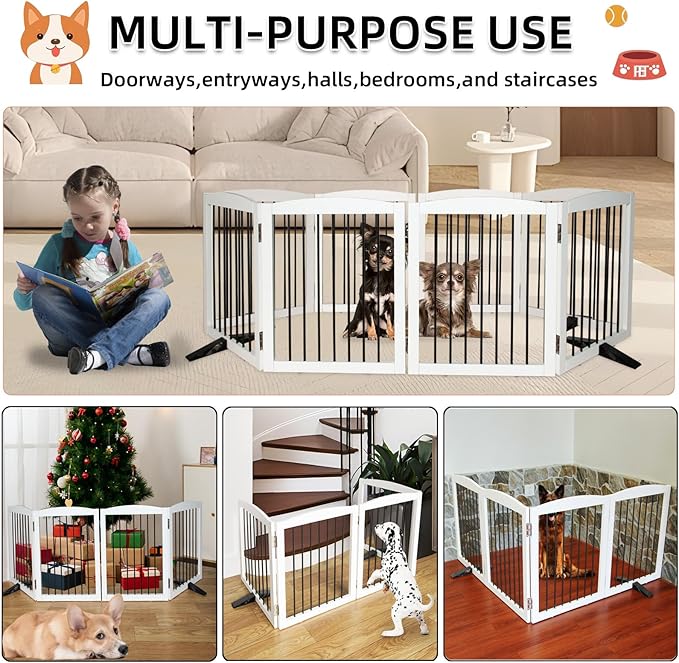 ZJSF Freestanding Foldable Indoor Dog Fence for Stairs Wood White Long Pet Gates for Dogs, Dog Gates for Hallways,Puppy Gates for House Support Feet Included 24 "Height-2 Panels
