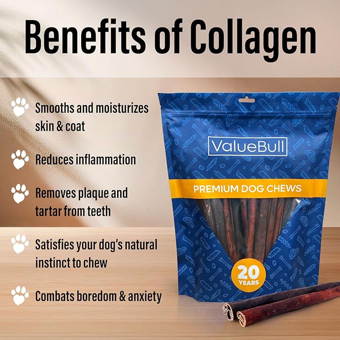 ValueBull Collagen Sticks for Dogs, 12 Inch Medium Chews, Natural Long-Lasting Dog Treats, 100 Count Bulk Pack - Supports Joints, Skin & Coat with Chondroitin & Glucosamine