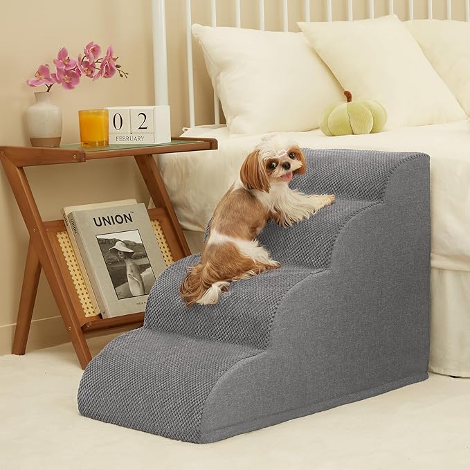 Dog Stairs, Romrol Dog Steps Ramp for High Bed and Couch, Dogs Ramp with Durable Non-Slip Waterproof Fabric Cover, Pet Stairs for Small Dogs and Cats or Pets Joints, 4-Tiers,Grey