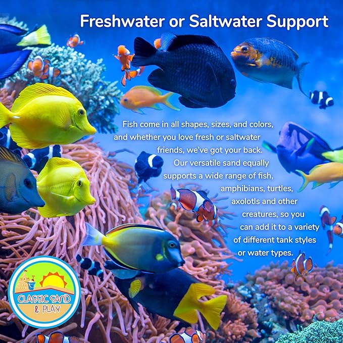 CLASSIC SAND & PLAY Natural Aquarium Sand for Freshwater and Saltwater Tanks, 20 lb. Bag, Improves Filter Life and Filtration Process, Pre-Washed Fine Sand, Yellow