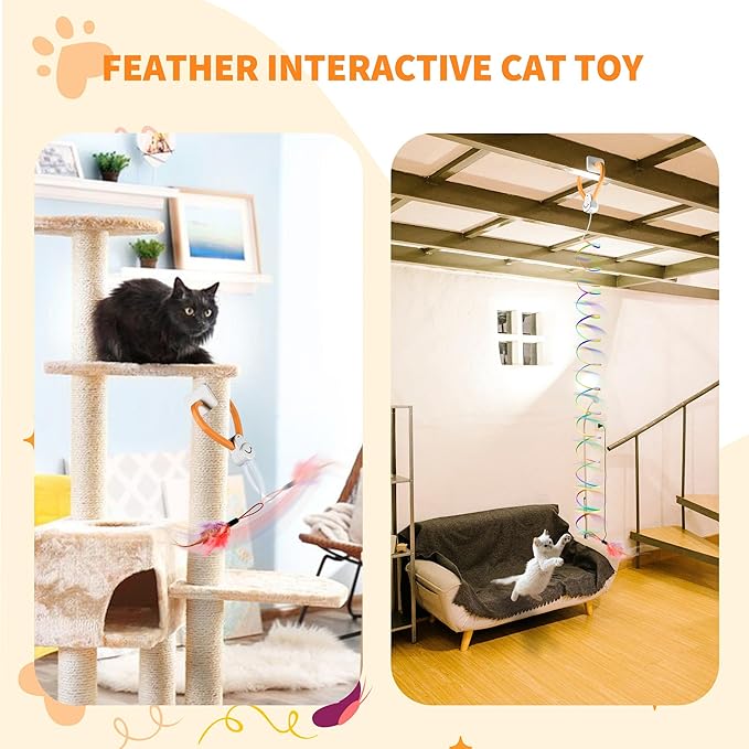 Interactive Cat Toy,Automatic Cat Toy for Indoor Cats,Hanging Door Clip Ribbon 360° Rotation,Feather & Rainbow Cat Stimulating Ribbons Cat Toys for Bored Adult/Kitten Exercise