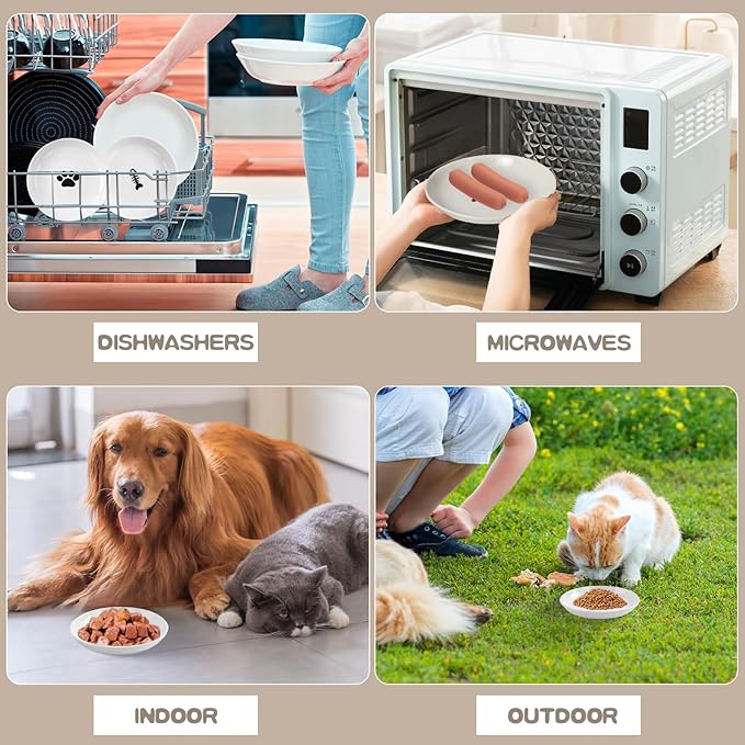 6 Pack Cat Food Bowl, Ceramic Cat Bowls, Anti Whisker Fatigue Cats Bowl Set,5.5 Inches Shallow Wide Kitten Plates for Food and Water (Cat's Paw+Fishbone)