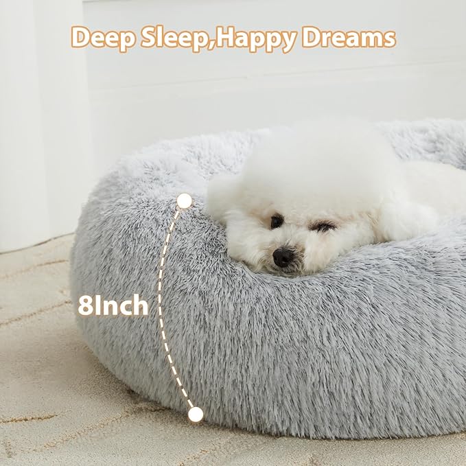 WNPETHOME Calming Dog Bed Cat Bed Donut, Faux Fur Pet Bed Self-Warming Donut Cuddler, Comfortable Round Plush Dog Beds (24 x 24 Inch, Light Grey)